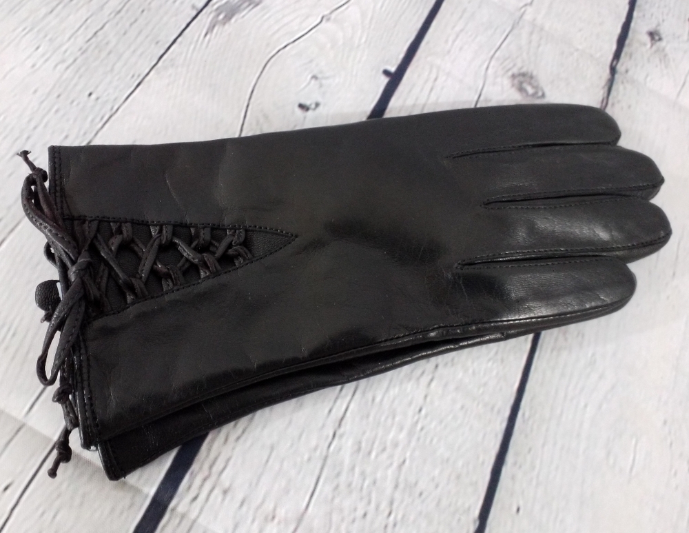 Ladies Black/Brown Leather Gloves Lace Up
